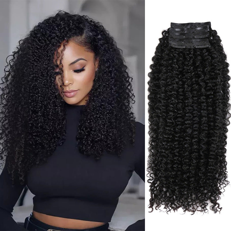 Kinky Curly Seamless Clip In Human Hair Extensions For Black Women Natural Color 8 /16 Pieces 120G /240G