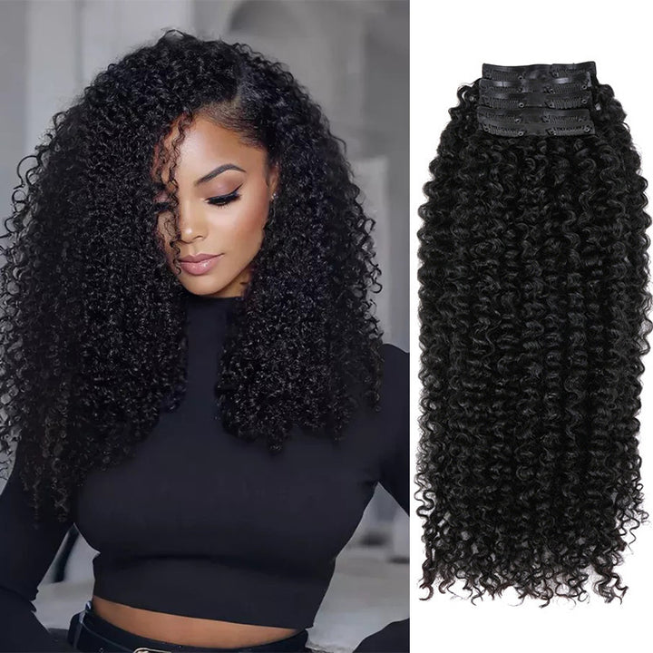 Kinky Curly Seamless Clip In Human Hair Extensions For Black Women Natural Color 8 /16 Pieces 120G /240G