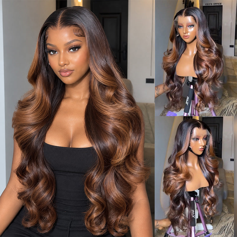 #4 Dark Brown Root with #30 Caramel Balayage Highlight Body Wave Human Hair Wig 6x6/13x6 Transparent Lace Frontal Wig 300% Density