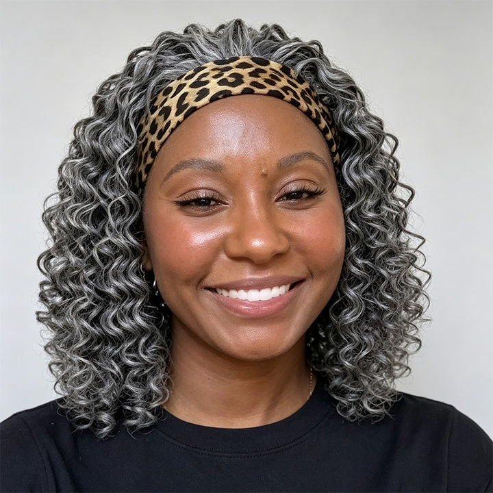 Dark Salt & Pepper Deep Wave Headband Human Hair Wig Silver Gray Glueless Wigs For Women