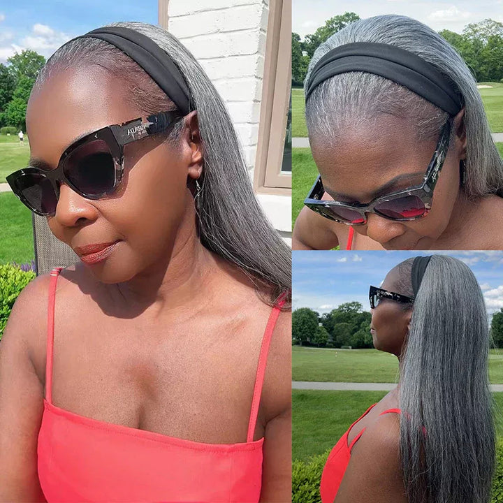 Standard Salt & Pepper Straight Headband Human Hair Wig Silver Gray Glueless Wigs For Women