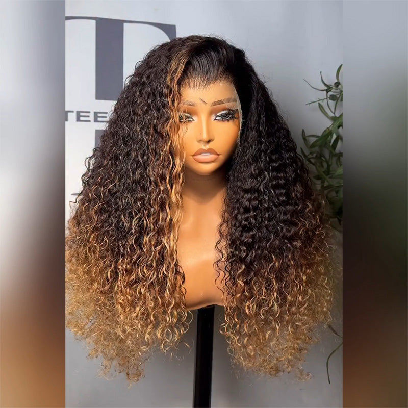 Black Roots Fade To #30 Auburn Blonde Ends Deep Curly Highlight Human Hair Wig 6x6 13x6 Transparent Lace 300% Density