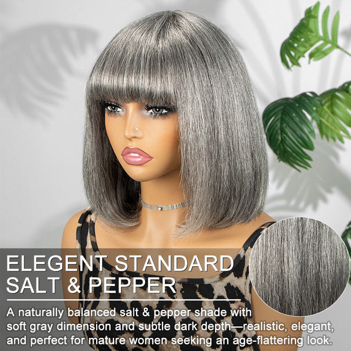 Salt & Pepper Straight Human Hair Bob Wig With Bangs 5x5 Glueless Lace Closure Wig For Black Women