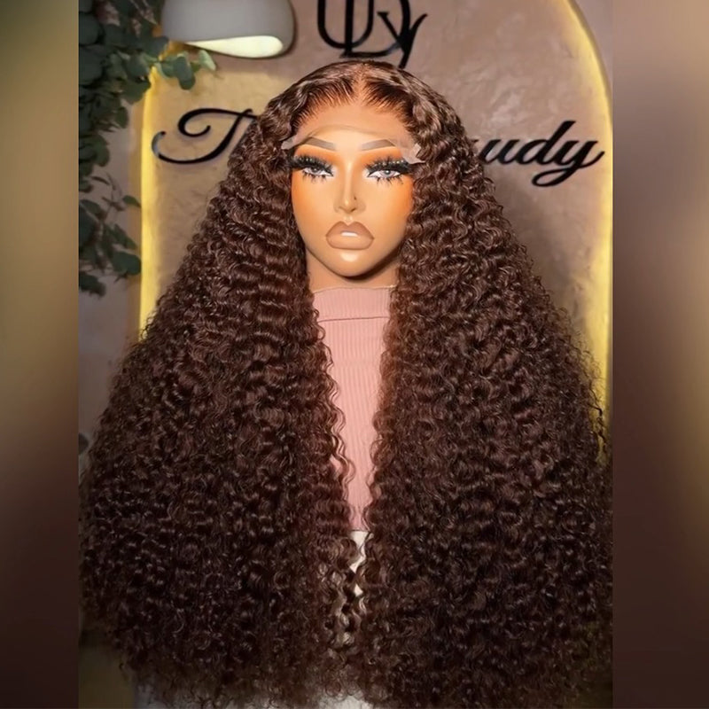 #4 Chocolate Brown Deep Curly Human Hair Wig with Middle Part 6x6/13x6 Transparent Lace Frontal Wig 300% Density