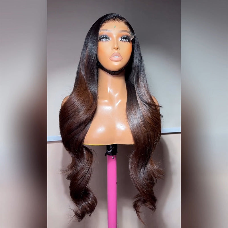 Dark Root to #4 Chocolate Brown Ombre Body Wave Human Hair Wig 6x6 13x6 Transparent Lace 300% Density