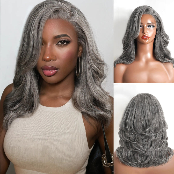 5x5 Salt & Pepper Layered Cut Wave Wig Gray Pre-Cut Glueless Human Hair Wig Beginner Friendly