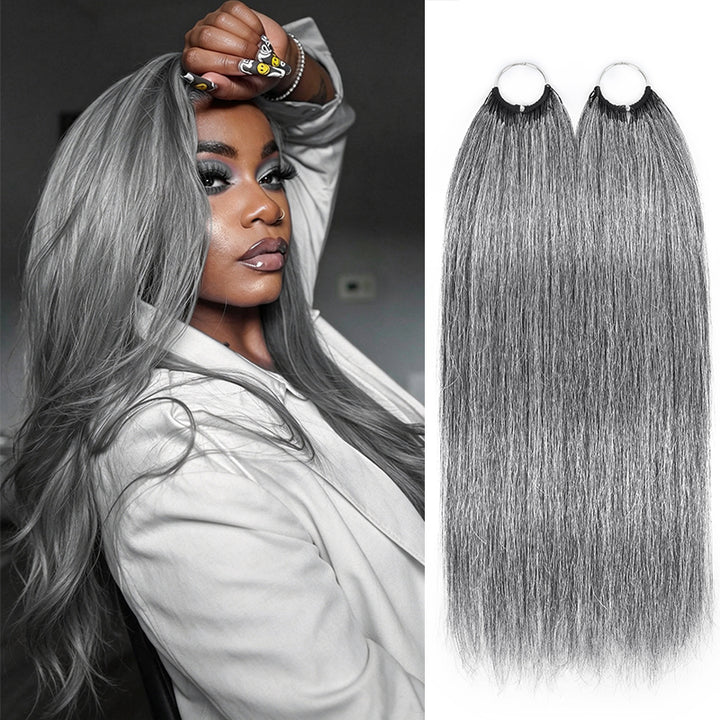 Salt & Pepper Straight Crochet Hair Miracle Konts Feather Human Hair Extension for Boho Braids-RHISO