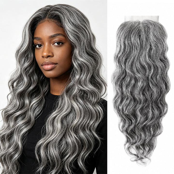 Salt and Pepper Indian Wavy Natural Gray 5X5 Lace Closure 100% Unprocessed Virgin Human Hair