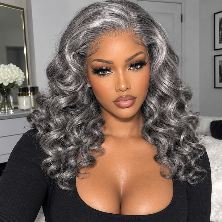 5x5 Salt & Pepper Loose Curly Human Hair Lace Closure Wig #51 Natural Gray Pre-Cut Glueless Bob Wig