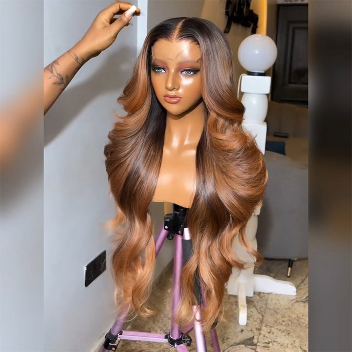 Dark Root Ombre Highlight Body Wave Human Hair Wig 6x6/13x6 Transparent Lace Frontal Wig 300% Density