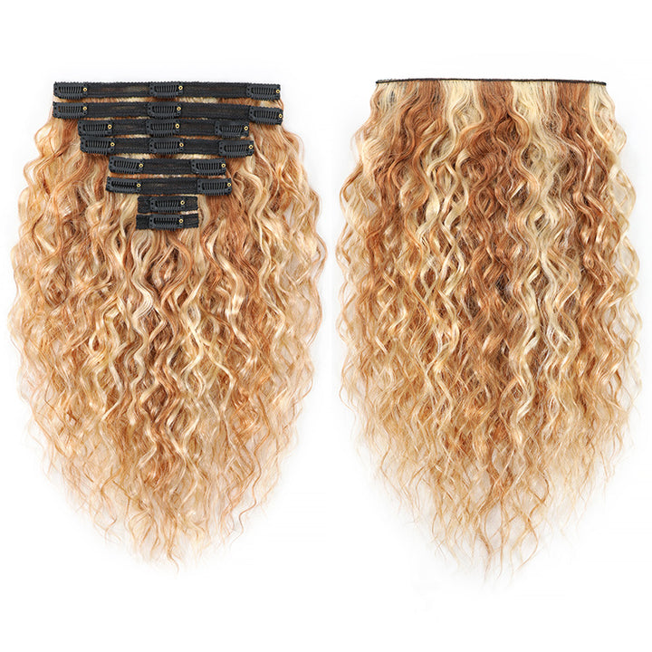 P27/613 Honey Blonde Highlight Super Wave Seamless Clip In Human Hair Extensions For Black Women