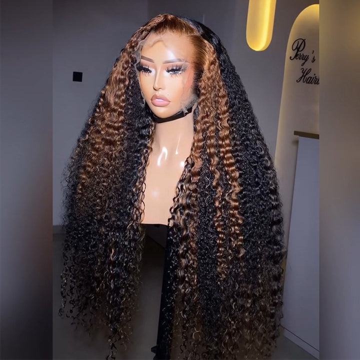 Natural Black Deep Curly Human Hair Wig with #30 Caramel Brown Highlights 6x6/13x6 Transparent Lace Frontal Wig 300% Density