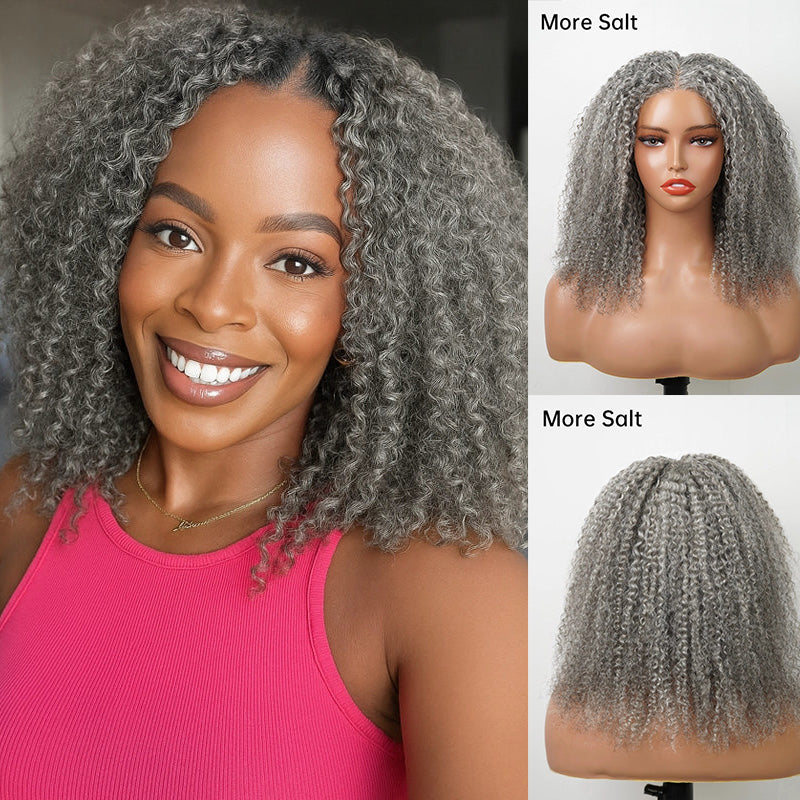 5x5 Closure Burmese Curly Salt & Pepper Free Parting Glueless Human Hair Wig Gray Color Pre-Cut Lace Bob Wig