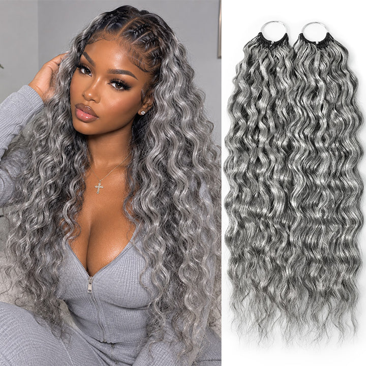 #51 Salt & Pepper Super Wave Feather Crochet Hair Miracle Konts 100% Human Hair Extension for Boho Braids-RHISO