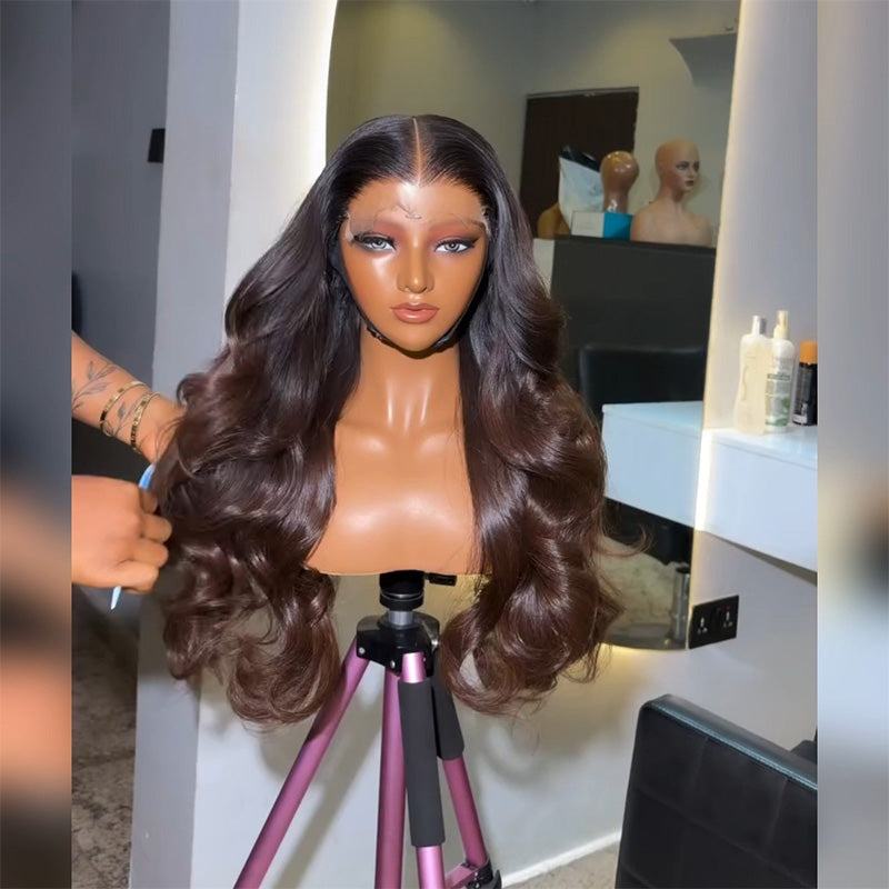 T1B/4 Dark Root Ombre Chocolate Brown Body Wave Human Hair Wig 6x6/13x6 Transparent Lace Frontal Wig 300% Density