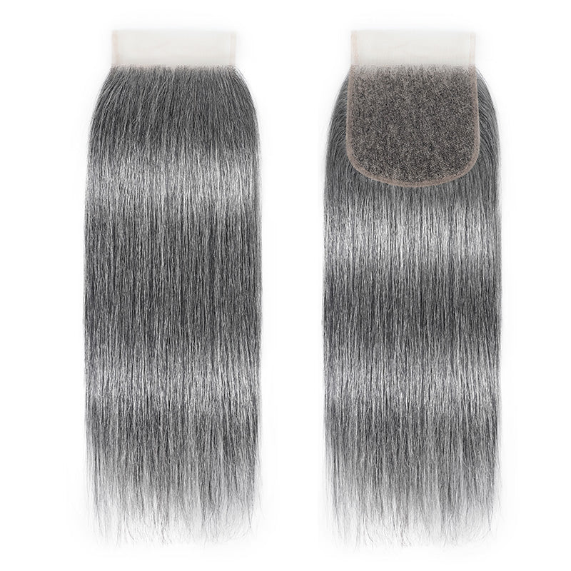 New In Salt and Pepper Straight Closure Natural Grey 5x5 HD Transparent Lace Closure 100% Unprocessed Virgin Human Hair