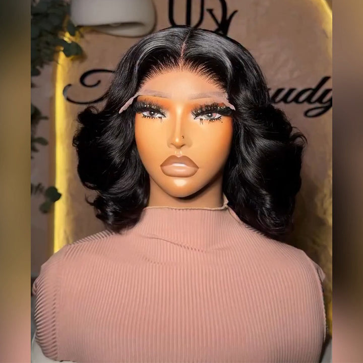 300 Density Pull To Go Romantic Wave Human Hair Bob Wig 5x5/13x4 Loose Body Wave Lace Frontal Wig In Natural Black