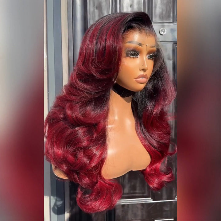 Dark Root 99J Burgundy Ombre Body Wave Human Hair Wig 6x6 13x6 Transparent Lace Frontal Wig 300% Density