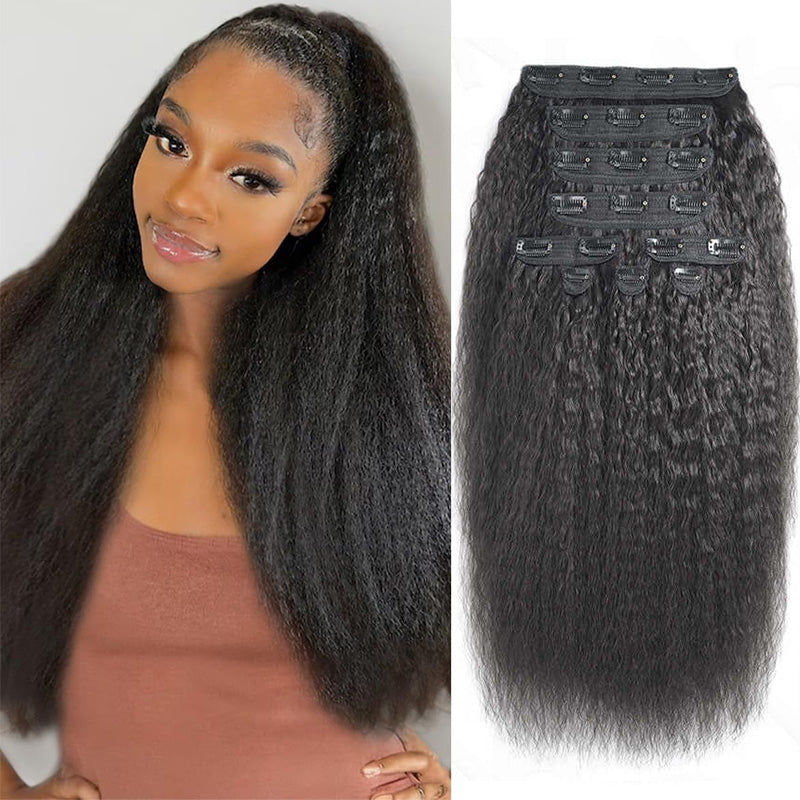 Kinky Straight Seamless Clip In Human Hair Extensions For Black Women Natural Color 8 /16 Pieces 120G /240G