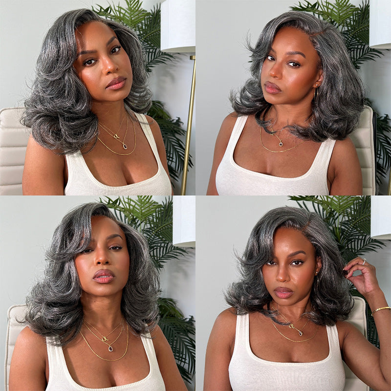 5x5 Closure Layered Blowout Wave Salt & Pepper 100% Human Hair Wig Natural Gray Pre-Cut Glueless Bob Wig