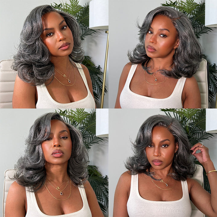 5x5 Closure Layered Blowout Wave Salt & Pepper 100% Human Hair Wig Natural Gray Pre-Cut Glueless Bob Wig