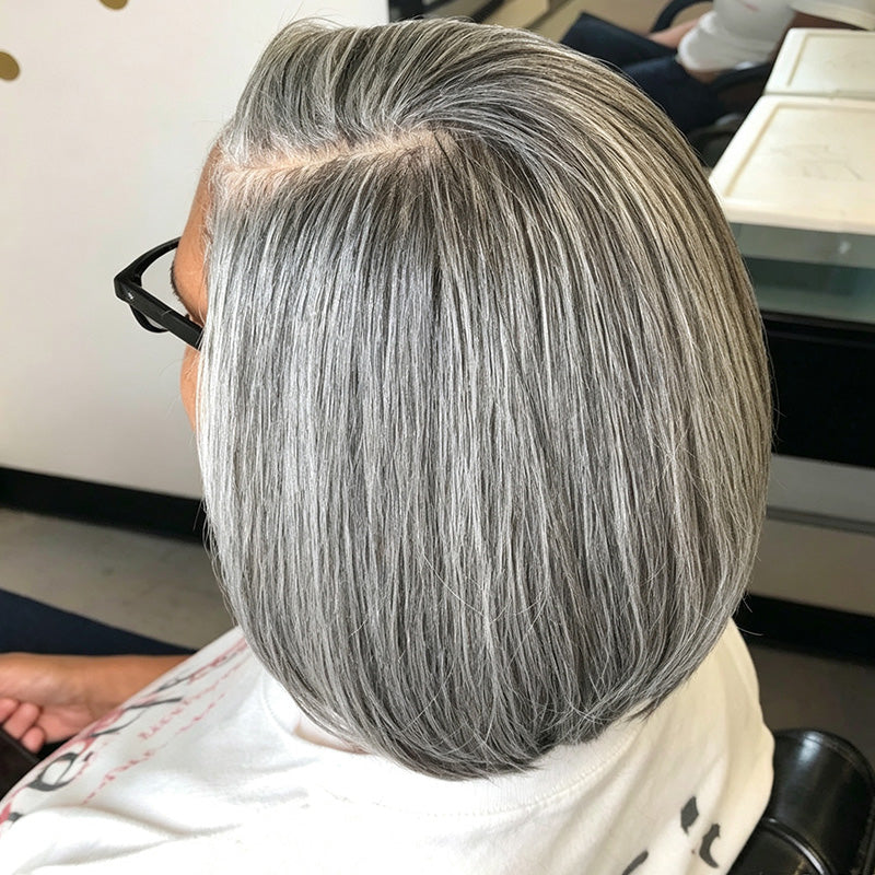 Standard Salt & Pepper Short Straight Bob Wig 5x5 Glueless Gray Color Lace Closure Human Hair Wigs For Mature Women