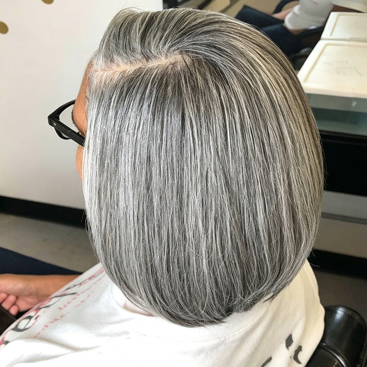 Standard Salt & Pepper Short Straight Bob Wig 5x5 Glueless Gray Color Lace Closure Human Hair Wigs For Mature Women