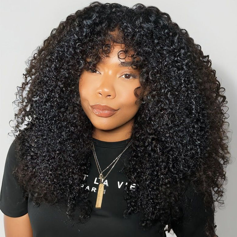 300 Density Pull To Go Afro Kinky Curly Human Hair Wig 6x6/13x6 Glueless Lace Frontal Wig In Natural Black