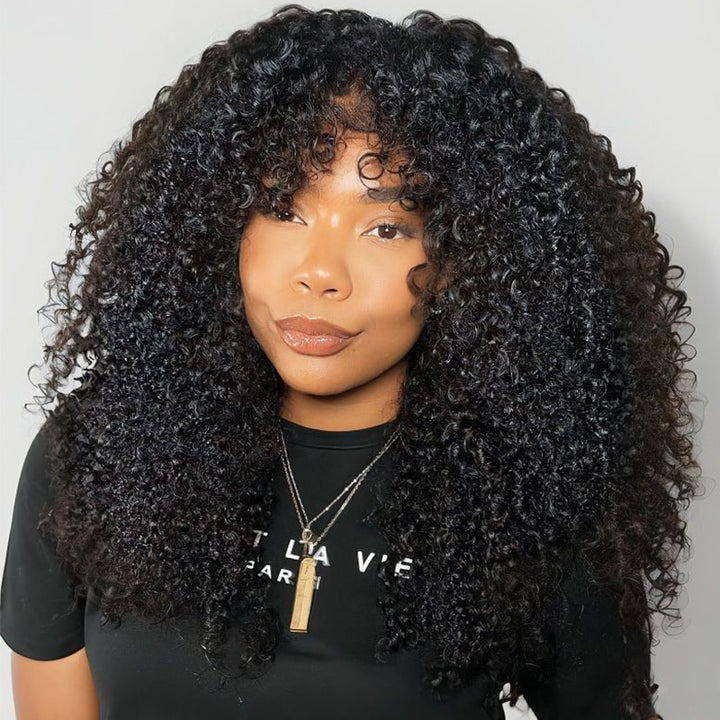 300 Density Pull To Go Afro Kinky Curly Human Hair Wig 6x6/13x6 Glueless Lace Frontal Wig In Natural Black