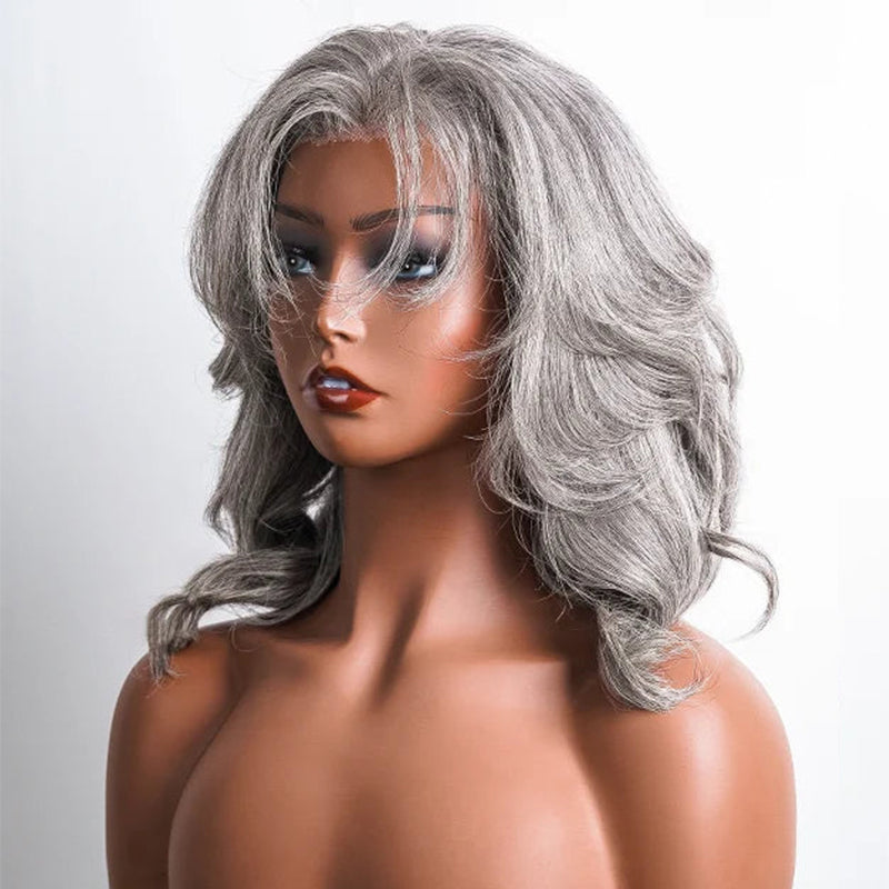 5x5 Salt And Pepper Glueless Layered Cut Body Wave Human Hair Wig Gray Color Pre-Cut Lace Bob Wig