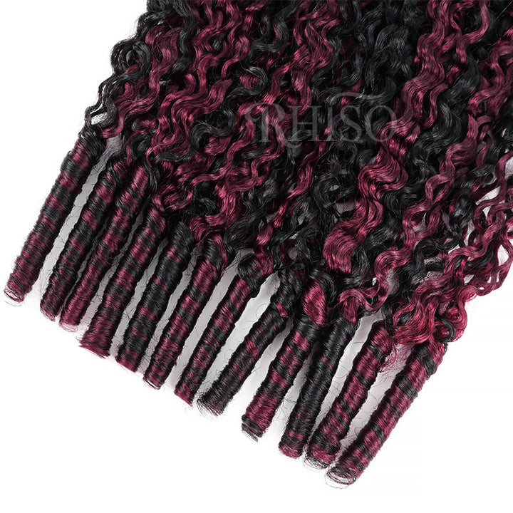 P1B/99J Burgundy Highlight Burmese Curly Crochet Human Hair Miracle Konts Feather 100% Human Hair Extension