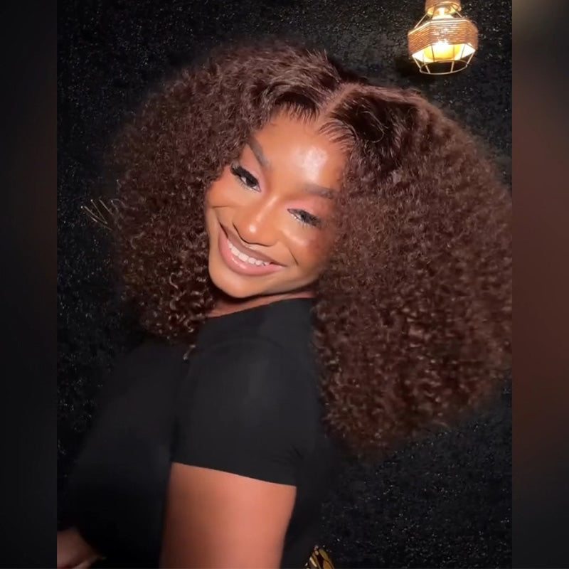 Pre-plucked #4 Chocolate Brown Kinky Curly Human Hair Bob Wig 5x5/13x4 Glueless Lace Frontal Wig 300 Density