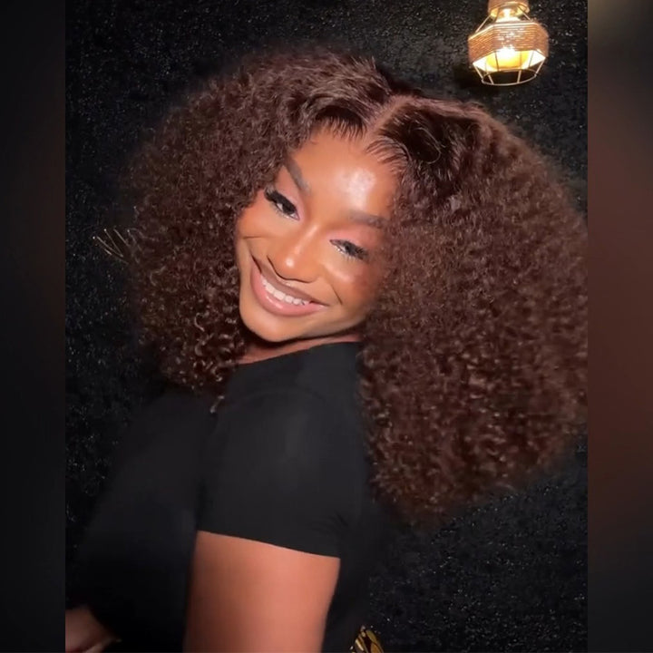 Pre-plucked #4 Chocolate Brown Kinky Curly Human Hair Bob Wig 5x5/13x4 Glueless Lace Frontal Wig 300 Density