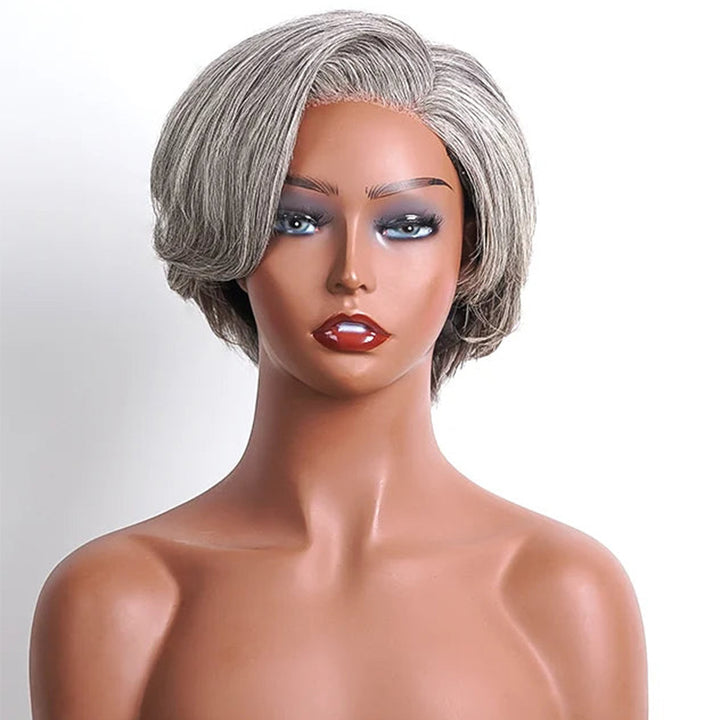5x5 Closure Salt & Pepper Pixie Cut Side Part Glueless Human Hair Wig For Black Women