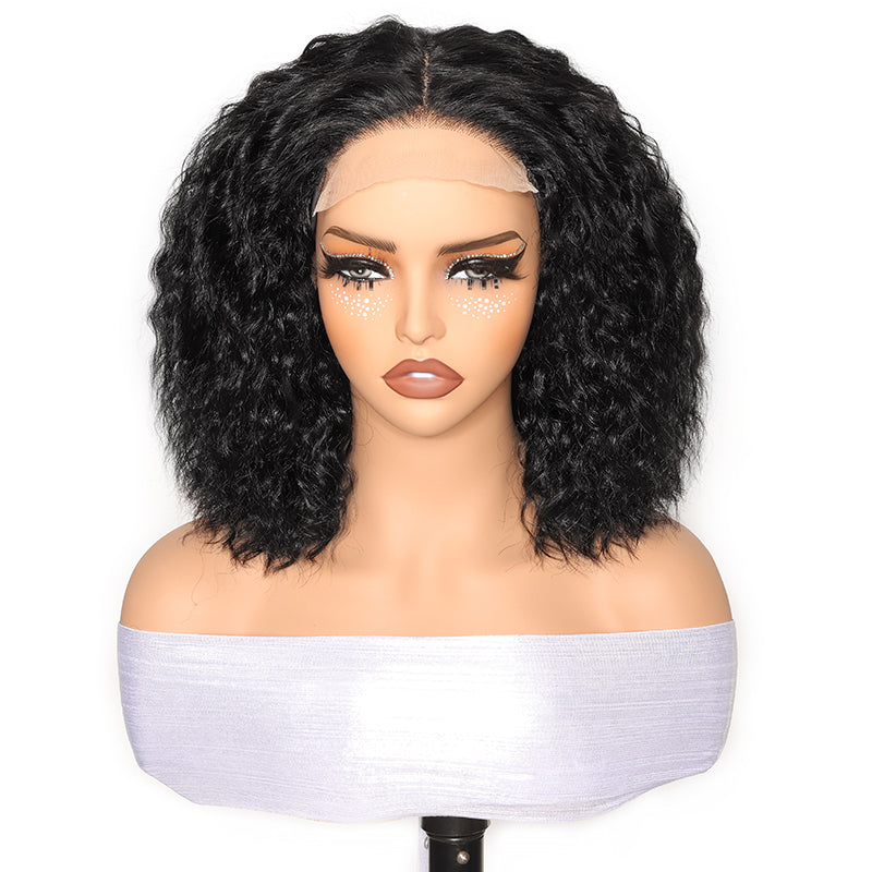 300% Density Pull To Go Super Wave Human Hair Bob Wig 5x5 Glueless Lace Closure Wig with Adjustable drawstring Straps In Natural Black