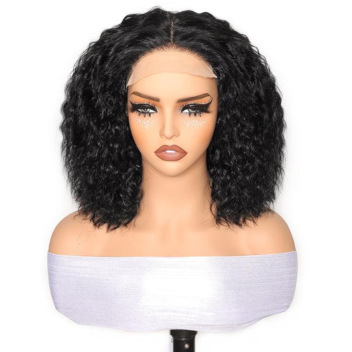 300% Density Pull To Go Super Wave Human Hair Bob Wig 5x5 Glueless Lace Closure Wig with Adjustable drawstring Straps In Natural Black