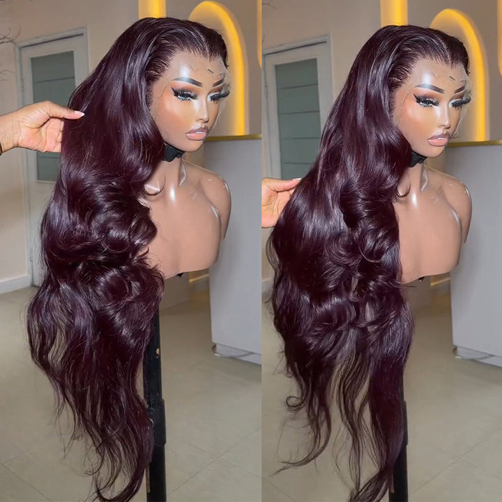 99J Burgundy Body Wave Human Hair Wig 6x6 13x6 Transparent Lace Frontal Wig 300% Density