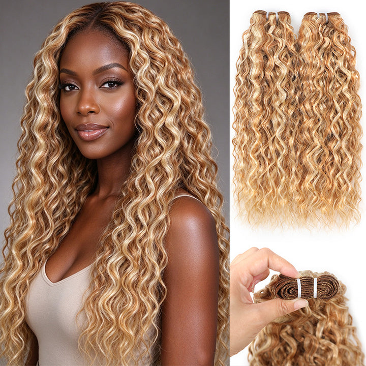 P27/613 Honey Blonde Highlight Super Wave Human Hair Bundles Double Weft Virgin Remy Hair Extensions-RhisoHair