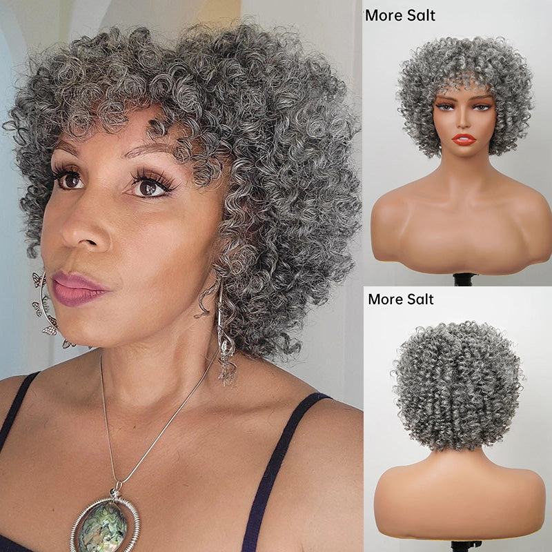Salt And Pepper Ringlet Curls Glueless Human Hair Wig With Bangs
