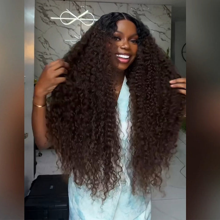 T1B/4 Dark Root Ombre Chocolate Brown Deep Curly Human Hair Wig 6x6/13x6 Transparent Lace Frontal Wig 300% Density