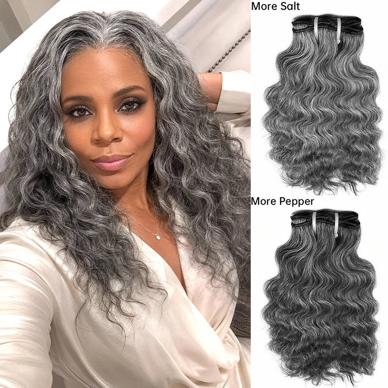 Salt & Pepper Indian Wavy Natural Gray Human Hair Bundles 100% Brazilian Virgin Remy Hair Extensions