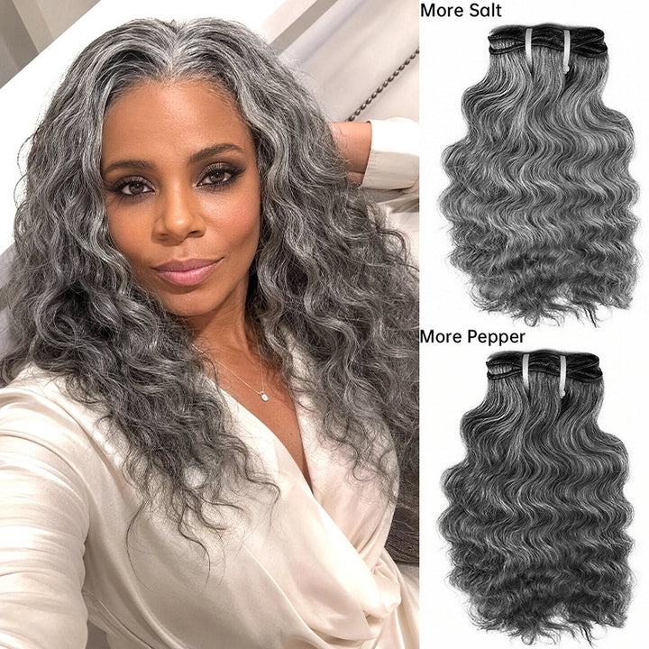 Salt & Pepper Indian Wavy Natural Gray Human Hair Bundles 100% Brazilian Virgin Remy Hair Extensions