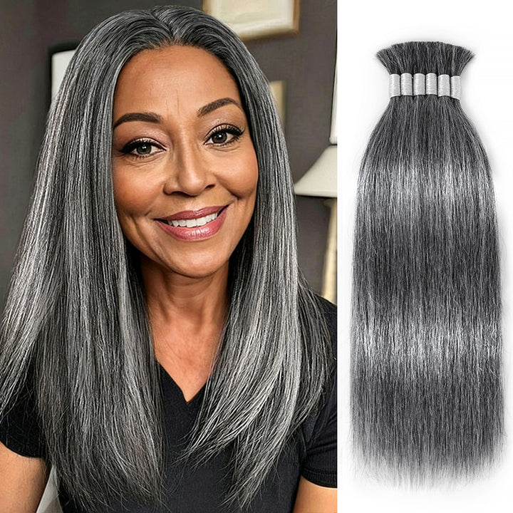 RHISO New In Deep Salt & Pepper Gray Straight Bulk Human Hair for Boho Braids 100% Human Hair
