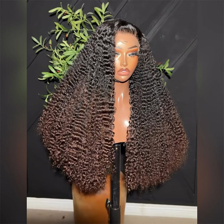 Black Roots Fade To #4 Dark Brown Ends Deep Curly Human Hair Wig 6x6 13x6 Transparent Lace 300% Density