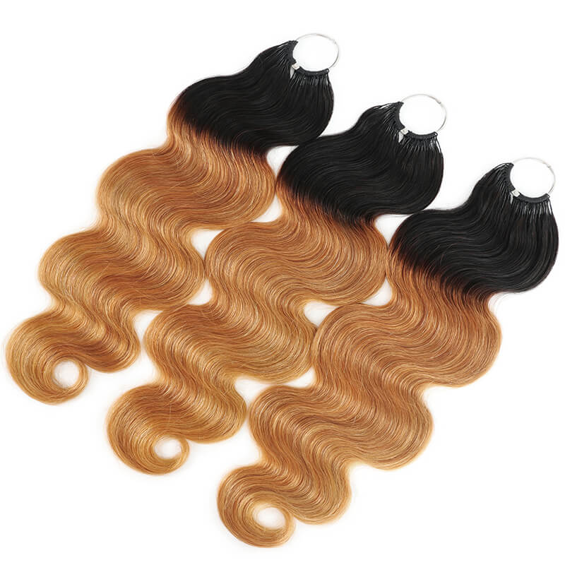 RhisoHair T1B/30 Ombre Brown Body Wave Crochet Hair Machine Made Feather Human Hair Extension