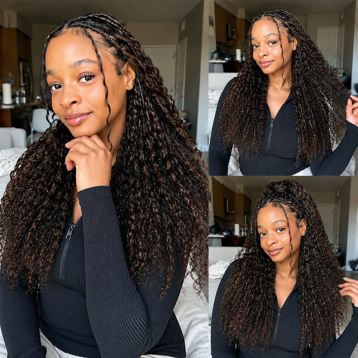 RhisoHair 3Packs #4 Chocolate Brown With 2Packs Natural Black Jerry Curly Honey Blonde Highlight Crochet Hair Machine Made Feather Human Hair Extension