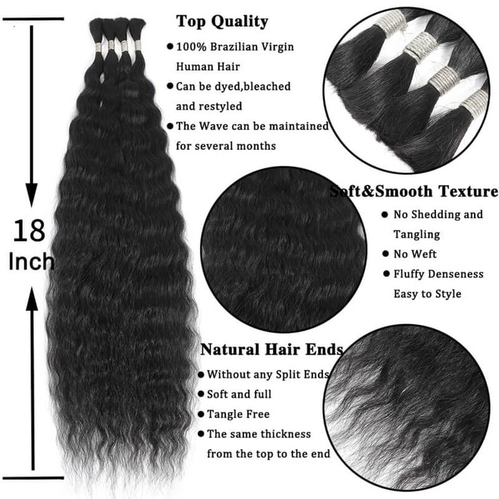 RHISO 18Inch Natural Color Super Wave Bulk Human Hair Extensions for Boho Braids – Wet and Wavy No Weft Human Hair 4 Bundles/Pack 150g