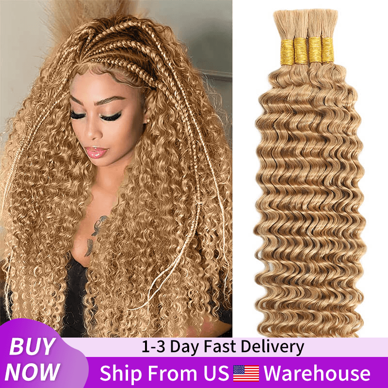 24H Fast Shipping| 18Inch #27 Honey Blonde Deep Wave Bulk Human Hair Extensions for Knotless Boho Braids (100g/Pack)