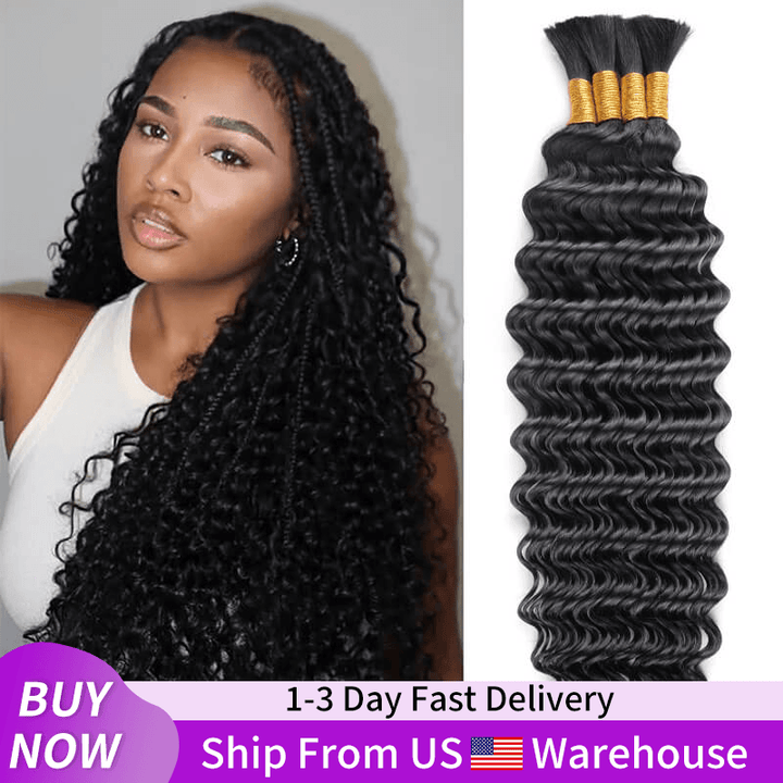 24H Fast Shipping| 20Inch Natural Black Deep Wave Bulk Human Hair Extensions for Knotless Boho Braids (100g/Pack)