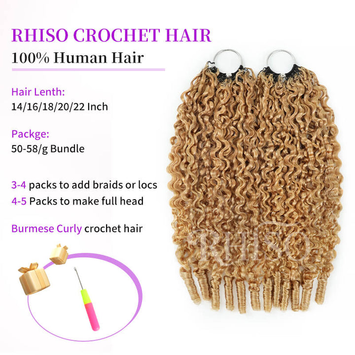 RhisoHair #27 Honey Blonde Burmese Curly Crochet Hair Machine Made Feather Human Hair Extension